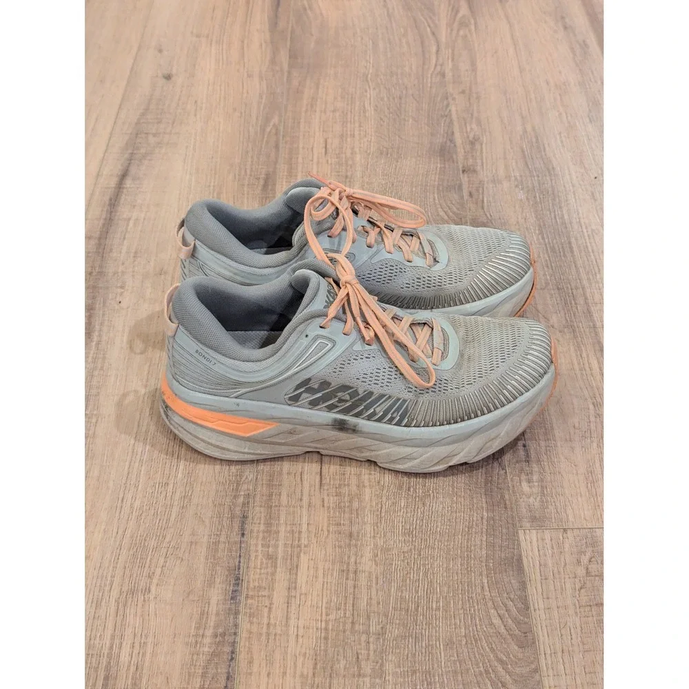Hoka One One Bondi 7 Womens 9.5 Gray Orange Max Cushion Running Shoes 1110519